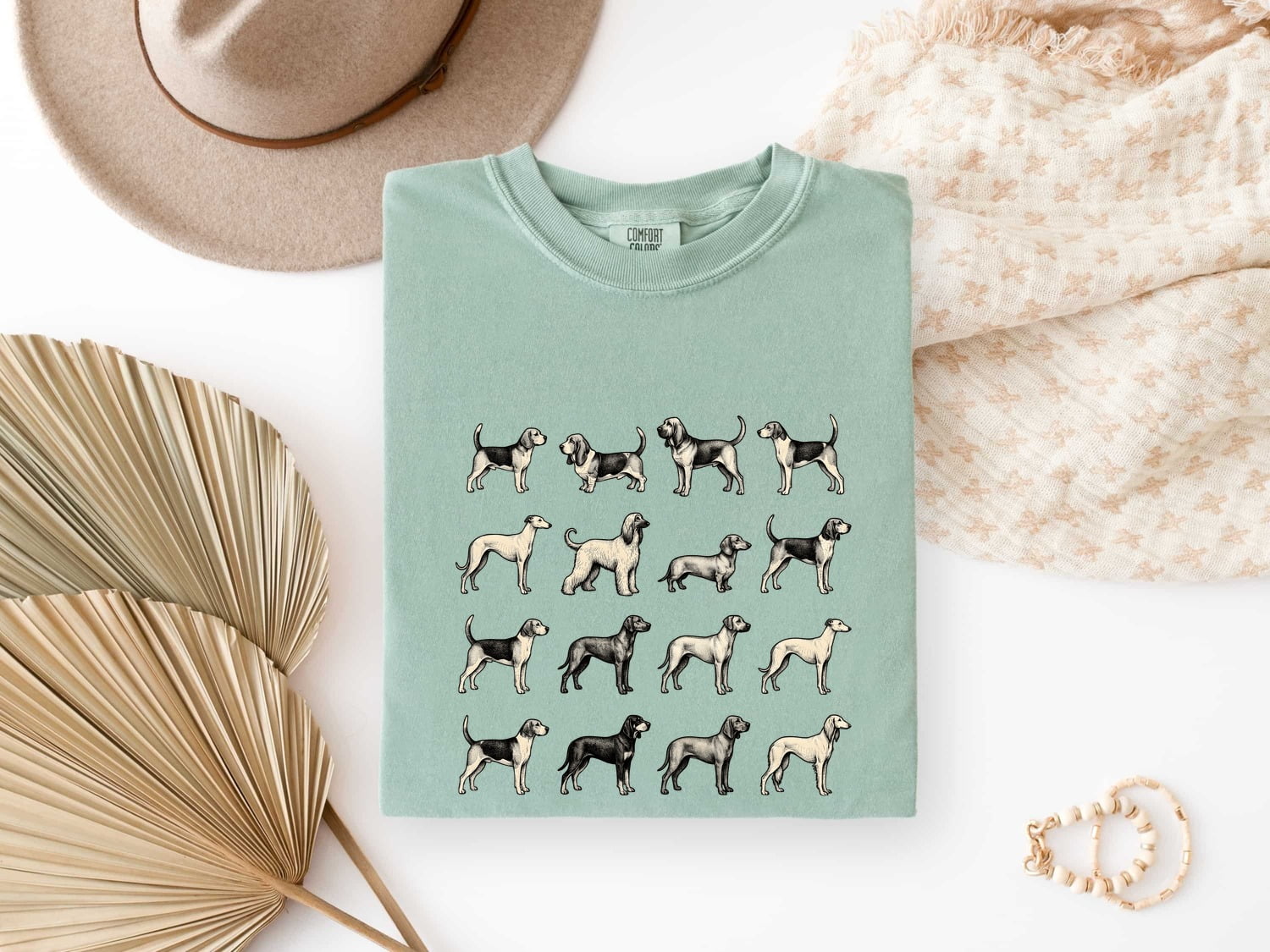 Dog Breed Pattern Shirt for Women – Antique Vintage Ink Drawing Scent Hound Animal Graphic Tee