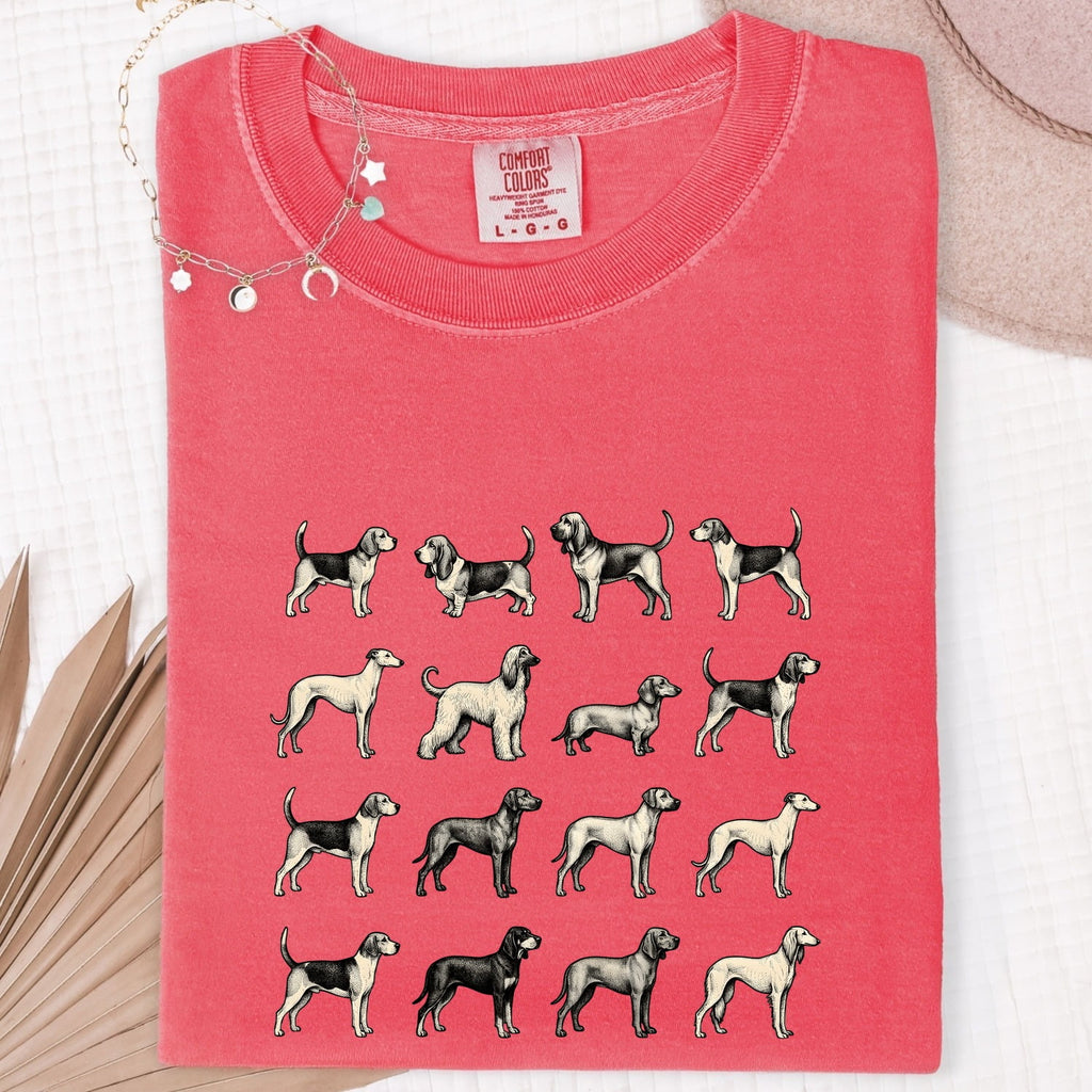Dog Breed Pattern Shirt for Women – Antique Vintage Ink Drawing Scent Hound Animal Graphic Tee