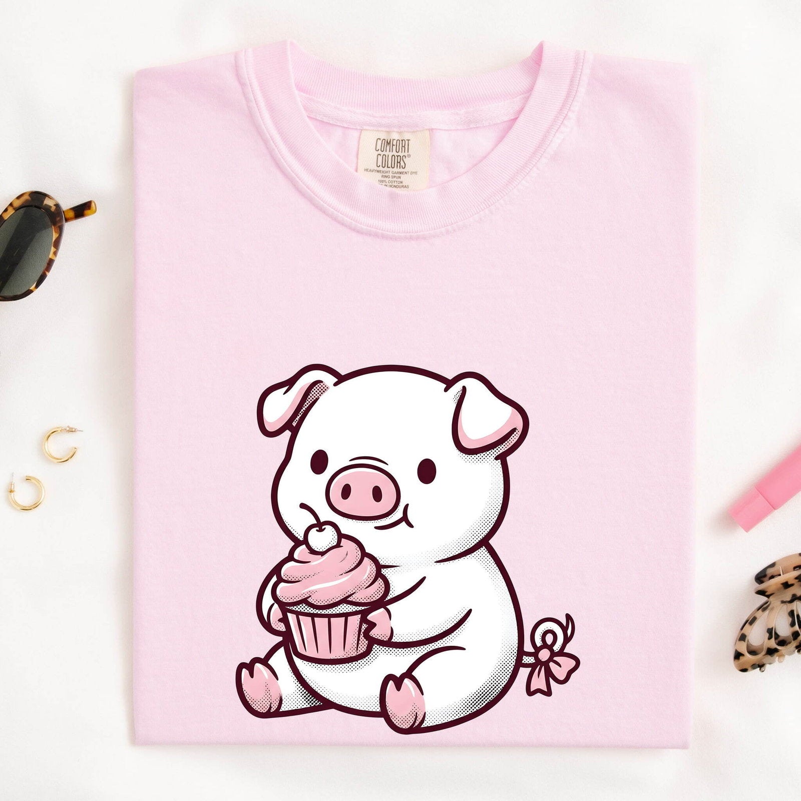 Valentine's Day Pig Shirt for Women – Kawaii Comic Cherry Fruit Muffin Animal Graphic Tee