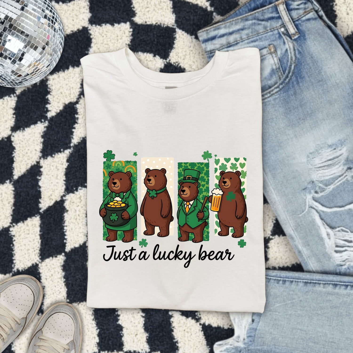 St. Patrick's Day Bear Shirt for Women – Cartoon Lucky Leaf Caricature Graphic Tee