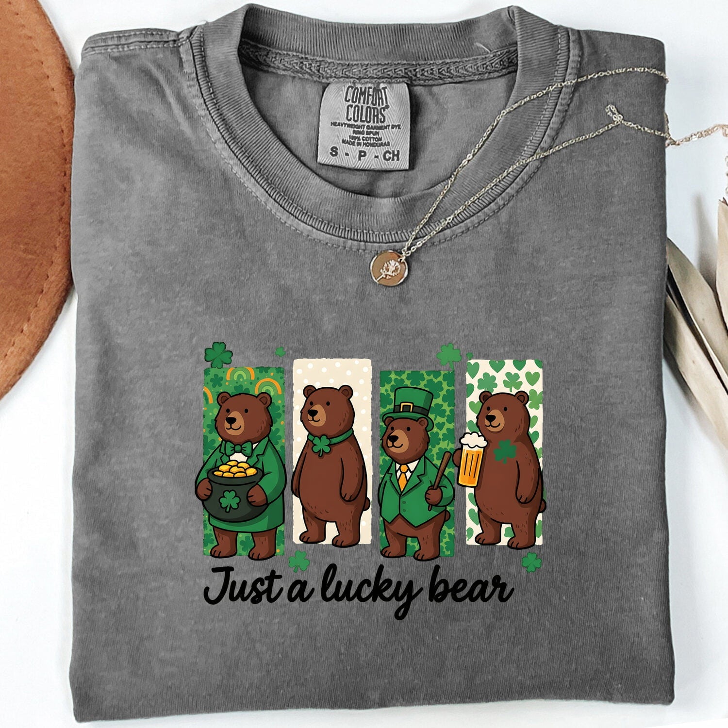St. Patrick's Day Bear Shirt for Women – Cartoon Lucky Leaf Caricature Graphic Tee