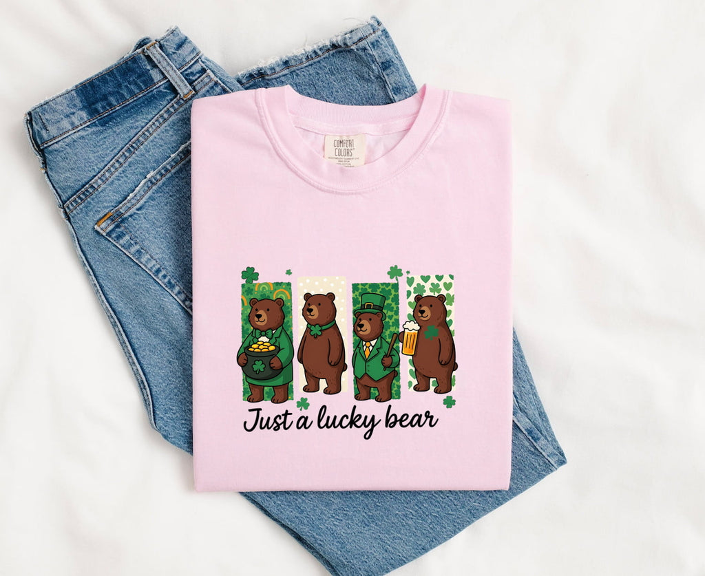 St. Patrick's Day Bear Shirt for Women – Cartoon Lucky Leaf Caricature Graphic Tee