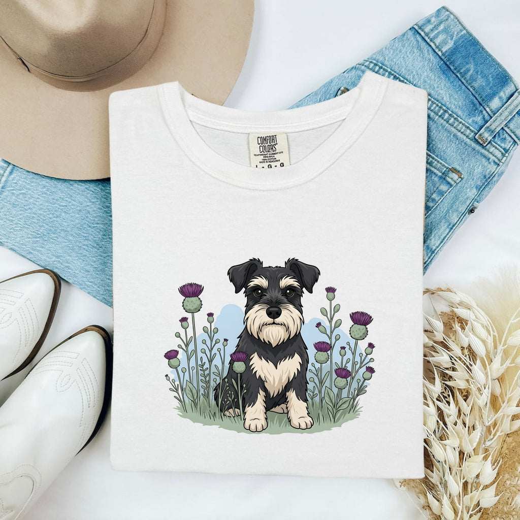 Schnauzer Shirt for Women – Illustrated Wild Blooms Line Art Dog Graphic Tee