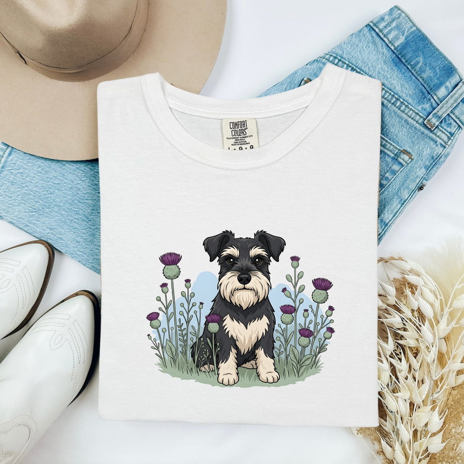 Schnauzer Shirt for Women – Illustrated Wild Blooms Line Art Dog Graphic Tee