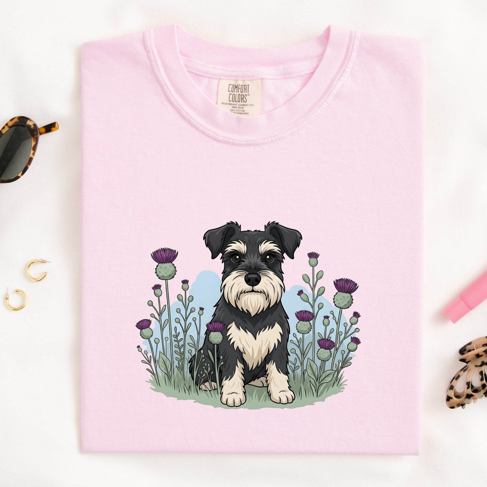 Schnauzer Shirt for Women – Illustrated Wild Blooms Line Art Dog Graphic Tee