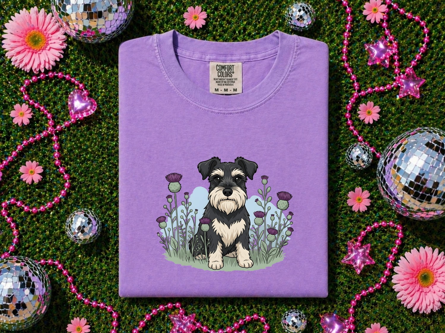 Schnauzer Shirt for Women – Illustrated Wild Blooms Line Art Dog Graphic Tee