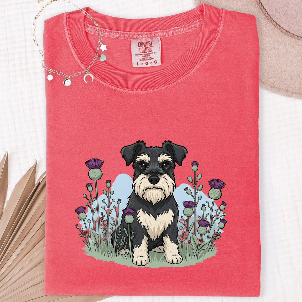 Schnauzer Shirt for Women – Illustrated Wild Blooms Line Art Dog Graphic Tee