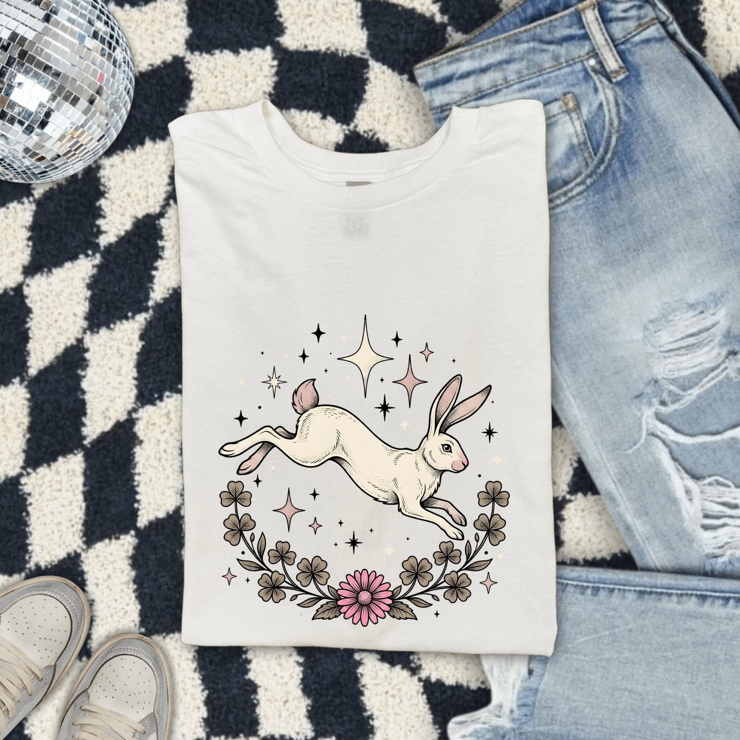 Bunny Rabbit Shirt for Women – Boho Floral Vintage Wildflowers Graphic Tee