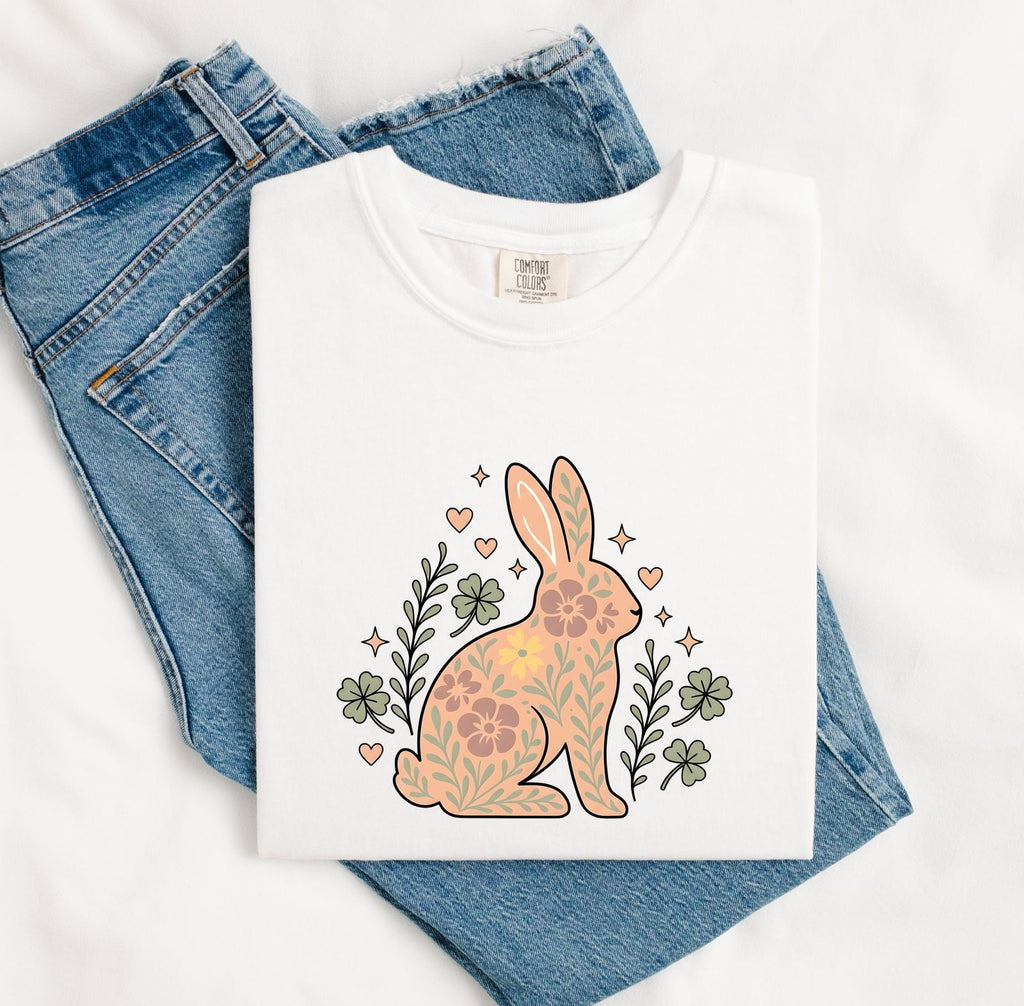 Flower Rabbit Shirt for Women – Boho Hippie Shamrock Bunny Graphic Tee
