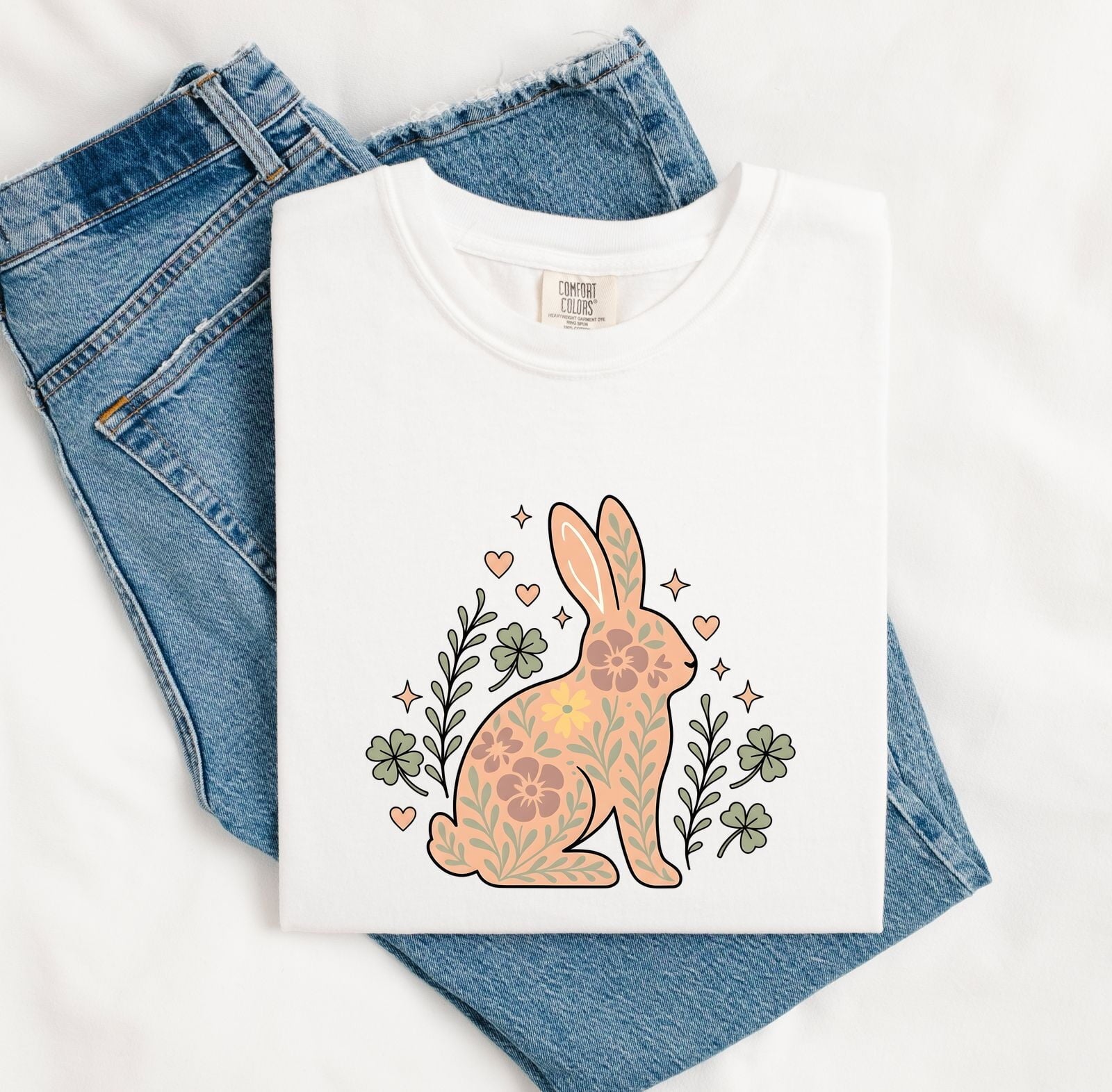 Flower Rabbit Shirt for Women – Boho Hippie Shamrock Bunny Graphic Tee