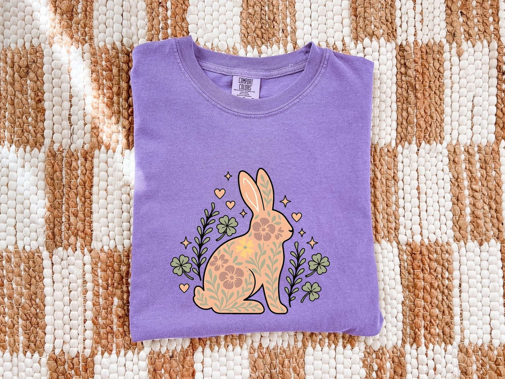 Flower Rabbit Shirt for Women – Boho Hippie Shamrock Bunny Graphic Tee