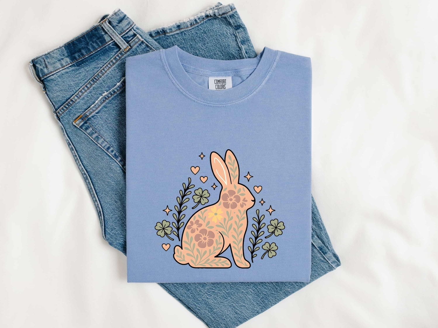 Flower Rabbit Shirt for Women – Boho Hippie Shamrock Bunny Graphic Tee