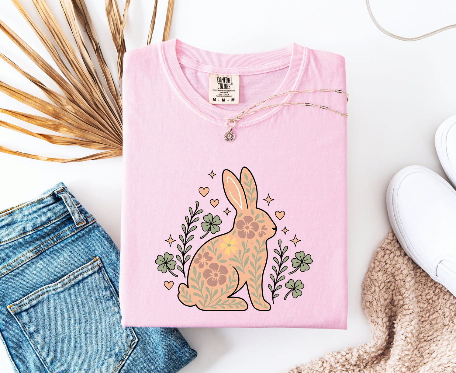 Flower Rabbit Shirt for Women – Boho Hippie Shamrock Bunny Graphic Tee