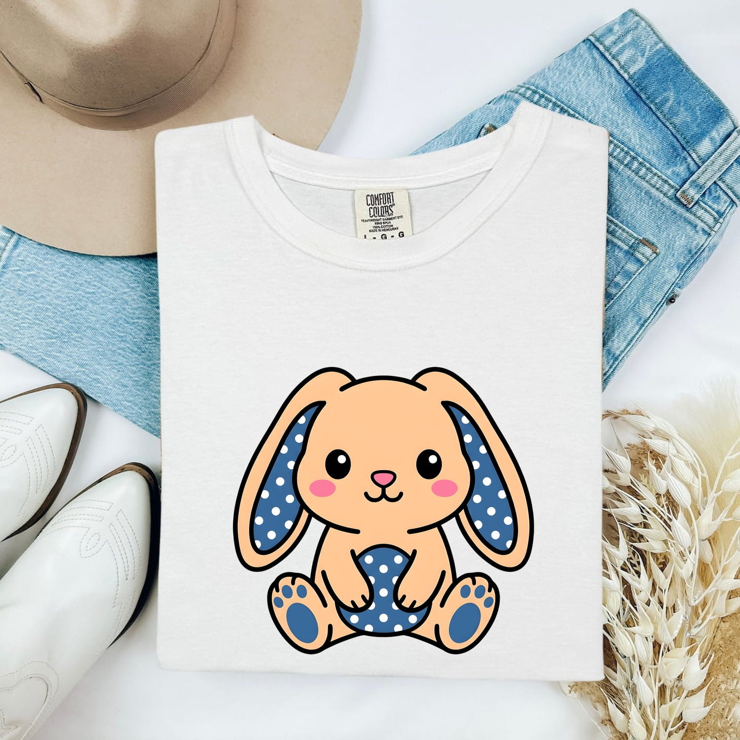 Easter Bunny Shirt for Women – Kawaii Cartoon Polka Dot Rabbit Graphic Tee