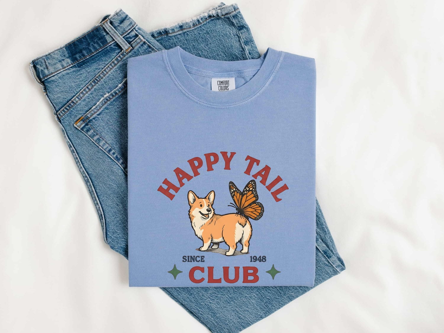 Corgi Shirt for Women – Old School Pencil Drawn Butterfly Canine Graphic Tee