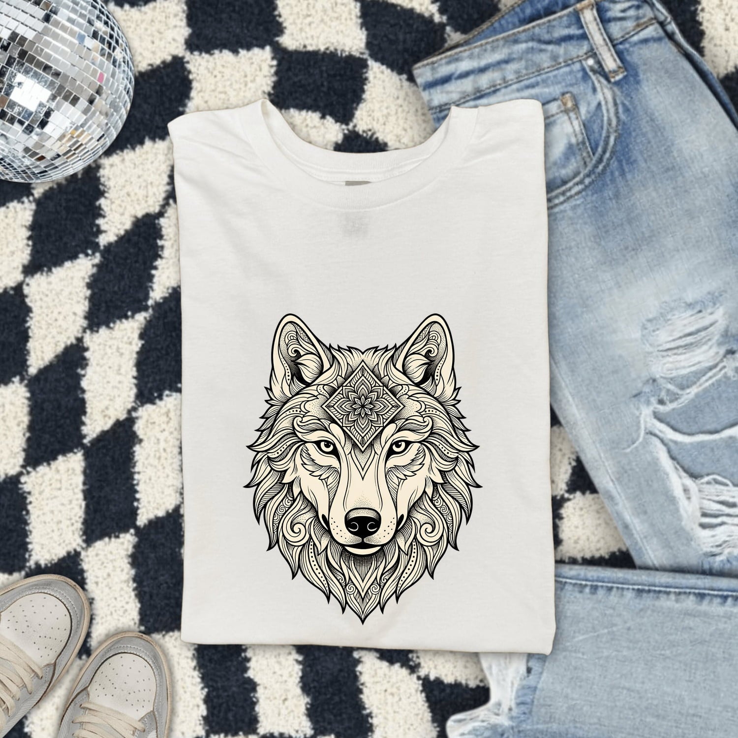 Wolf Face Shirt for Women – Tribal Floral Meditation Canine Graphic Tee