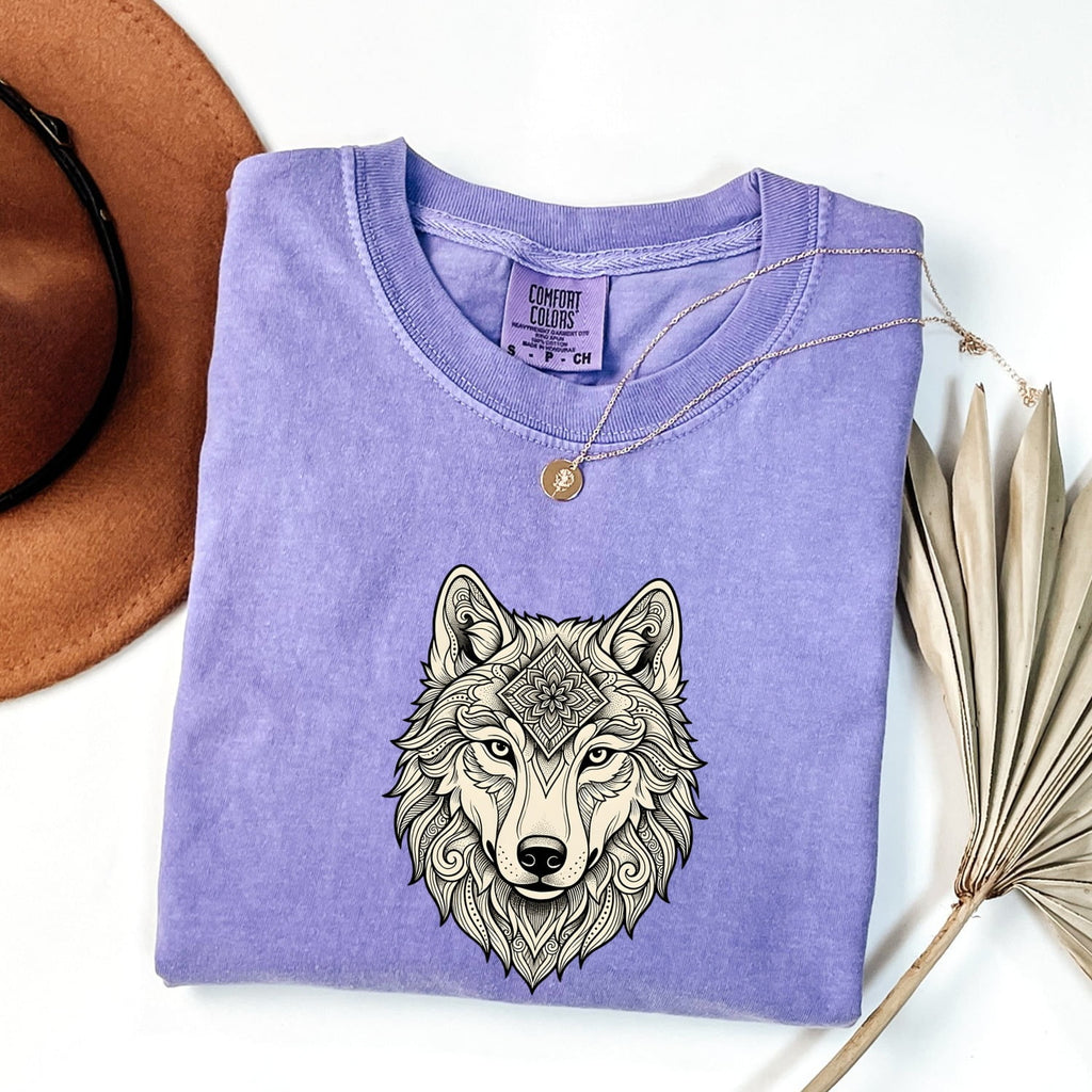 Wolf Face Shirt for Women – Tribal Floral Meditation Canine Graphic Tee