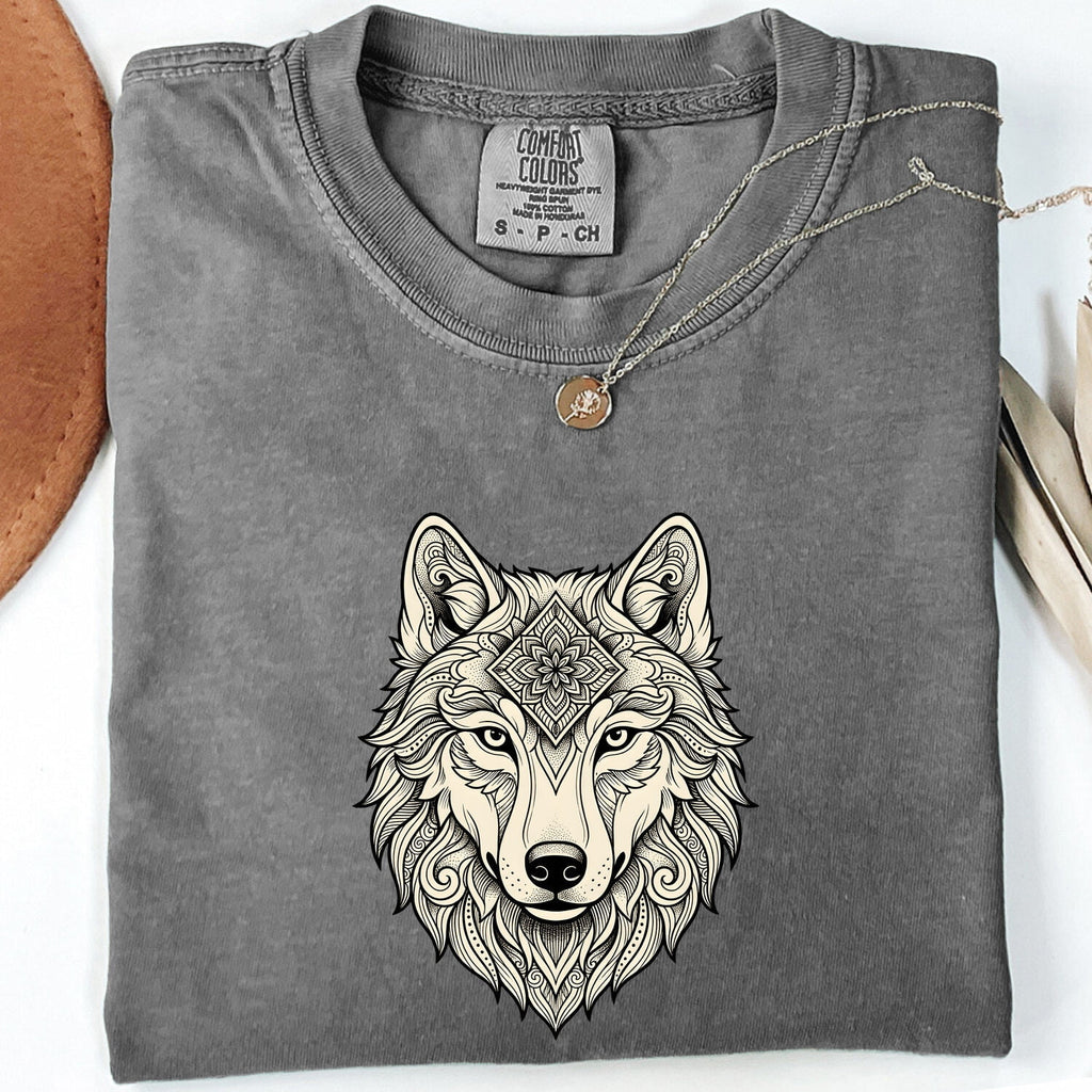 Wolf Face Shirt for Women – Tribal Floral Meditation Canine Graphic Tee