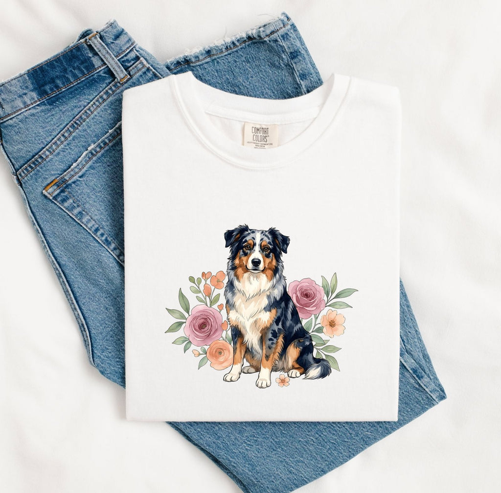 Aussie Puppy Shirt for Women – Line Art Garden Roses Illustration Flower Dog Graphic Tee