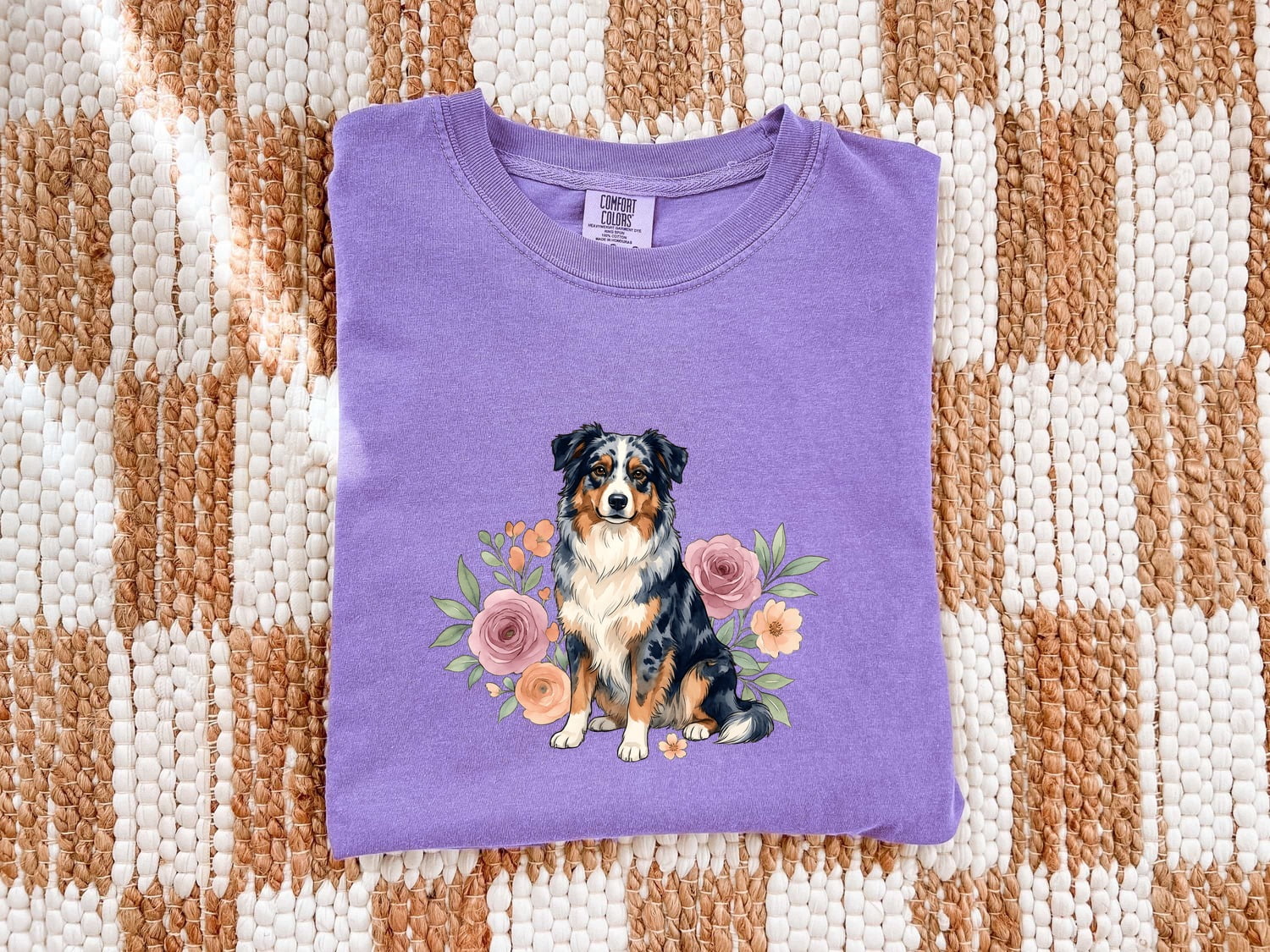 Aussie Puppy Shirt for Women – Line Art Garden Roses Illustration Flower Dog Graphic Tee