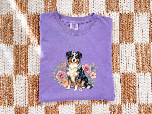 Aussie Puppy Shirt for Women – Line Art Garden Roses Illustration Flower Dog Graphic Tee