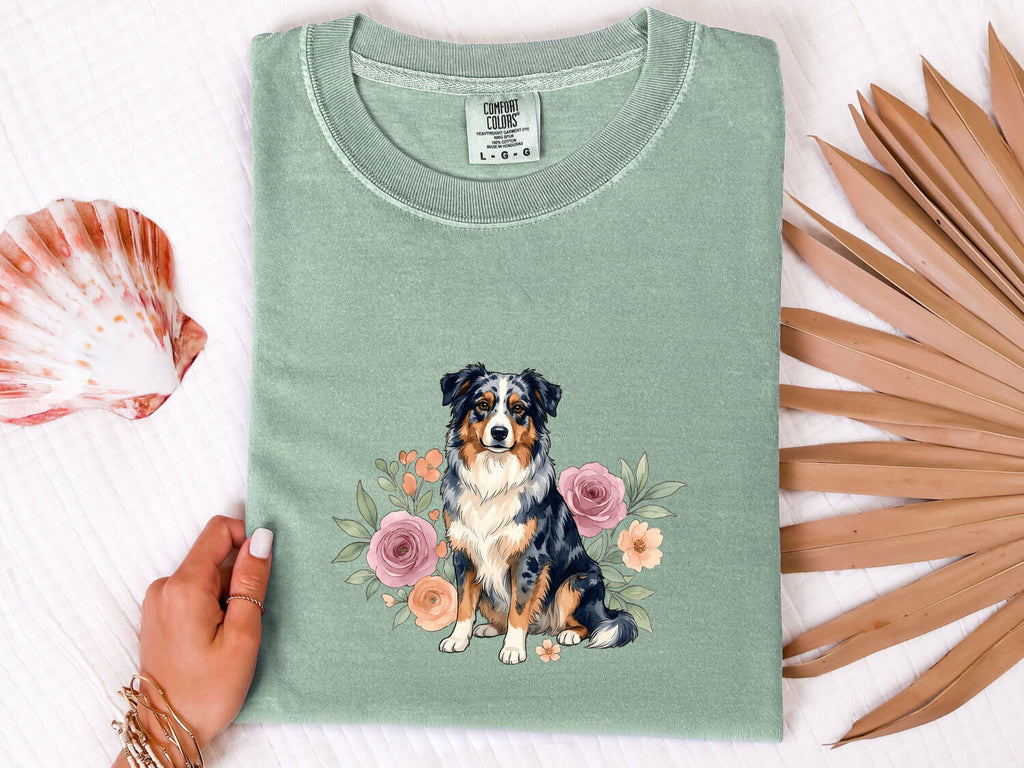 Aussie Puppy Shirt for Women – Line Art Garden Roses Illustration Flower Dog Graphic Tee