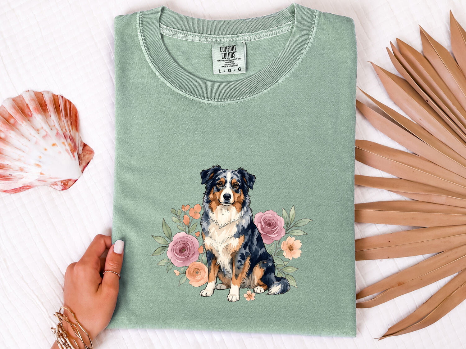 Aussie Puppy Shirt for Women – Line Art Garden Roses Illustration Flower Dog Graphic Tee