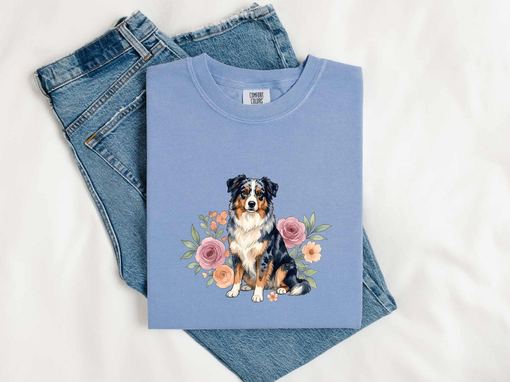 Aussie Puppy Shirt for Women – Line Art Garden Roses Illustration Flower Dog Graphic Tee