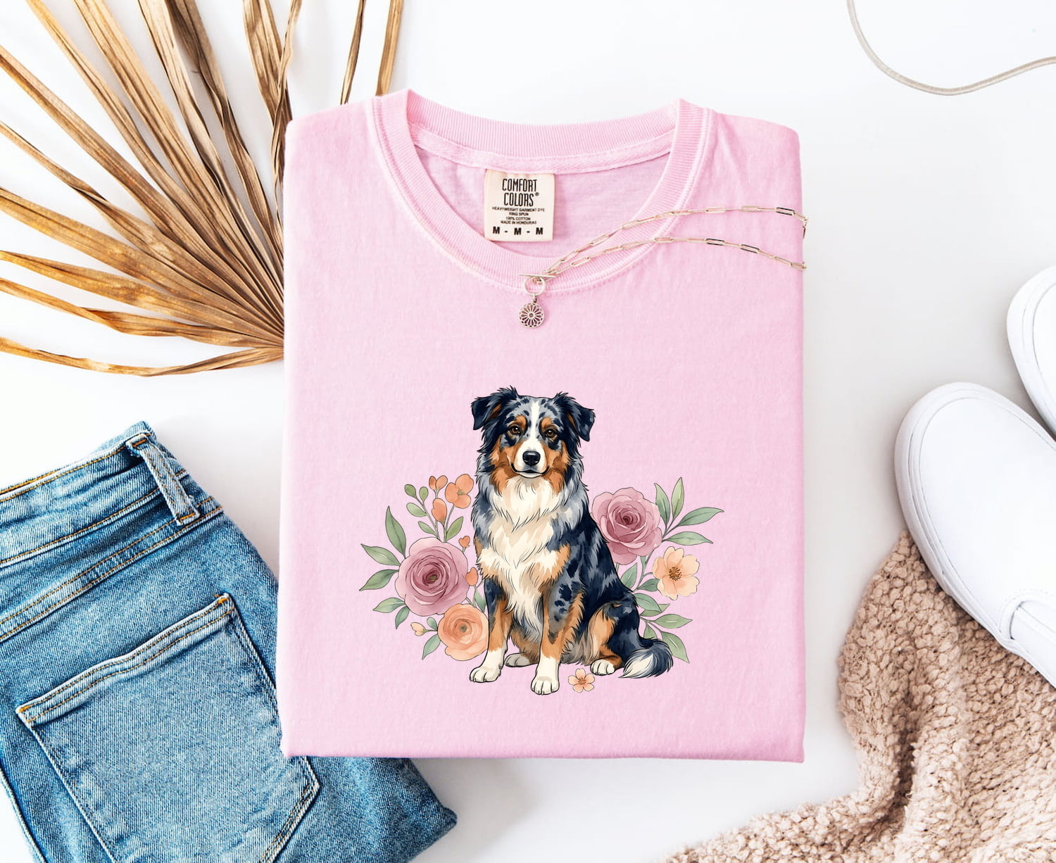 Aussie Puppy Shirt for Women – Line Art Garden Roses Illustration Flower Dog Graphic Tee