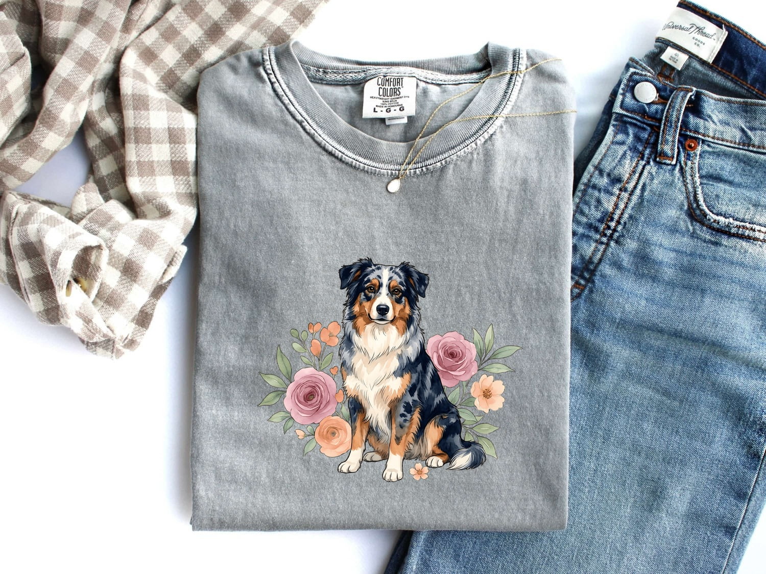 Aussie Puppy Shirt for Women – Line Art Garden Roses Illustration Flower Dog Graphic Tee