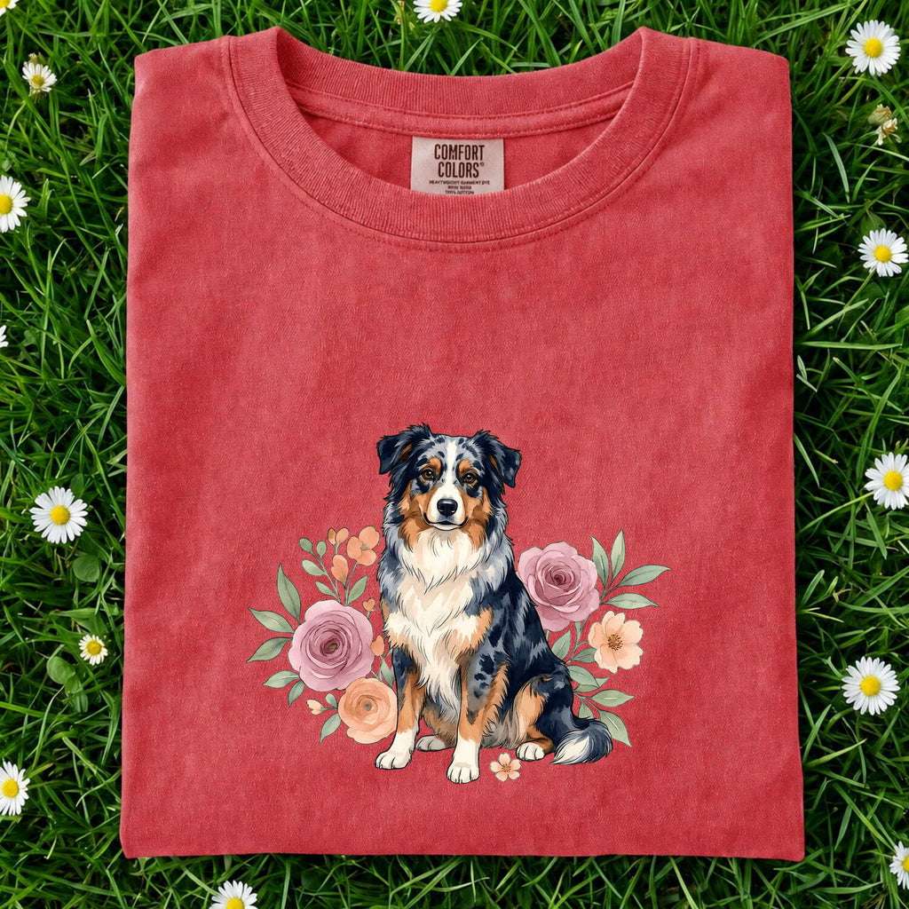 Aussie Puppy Shirt for Women – Line Art Garden Roses Illustration Flower Dog Graphic Tee