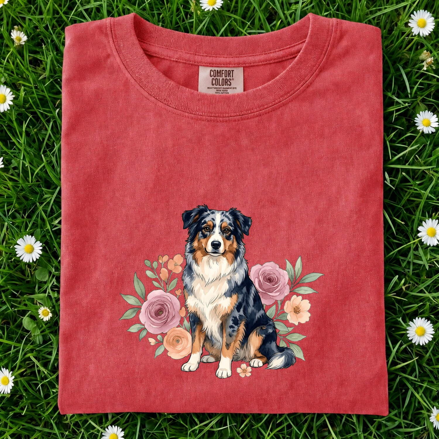 Aussie Puppy Shirt for Women – Line Art Garden Roses Illustration Flower Dog Graphic Tee