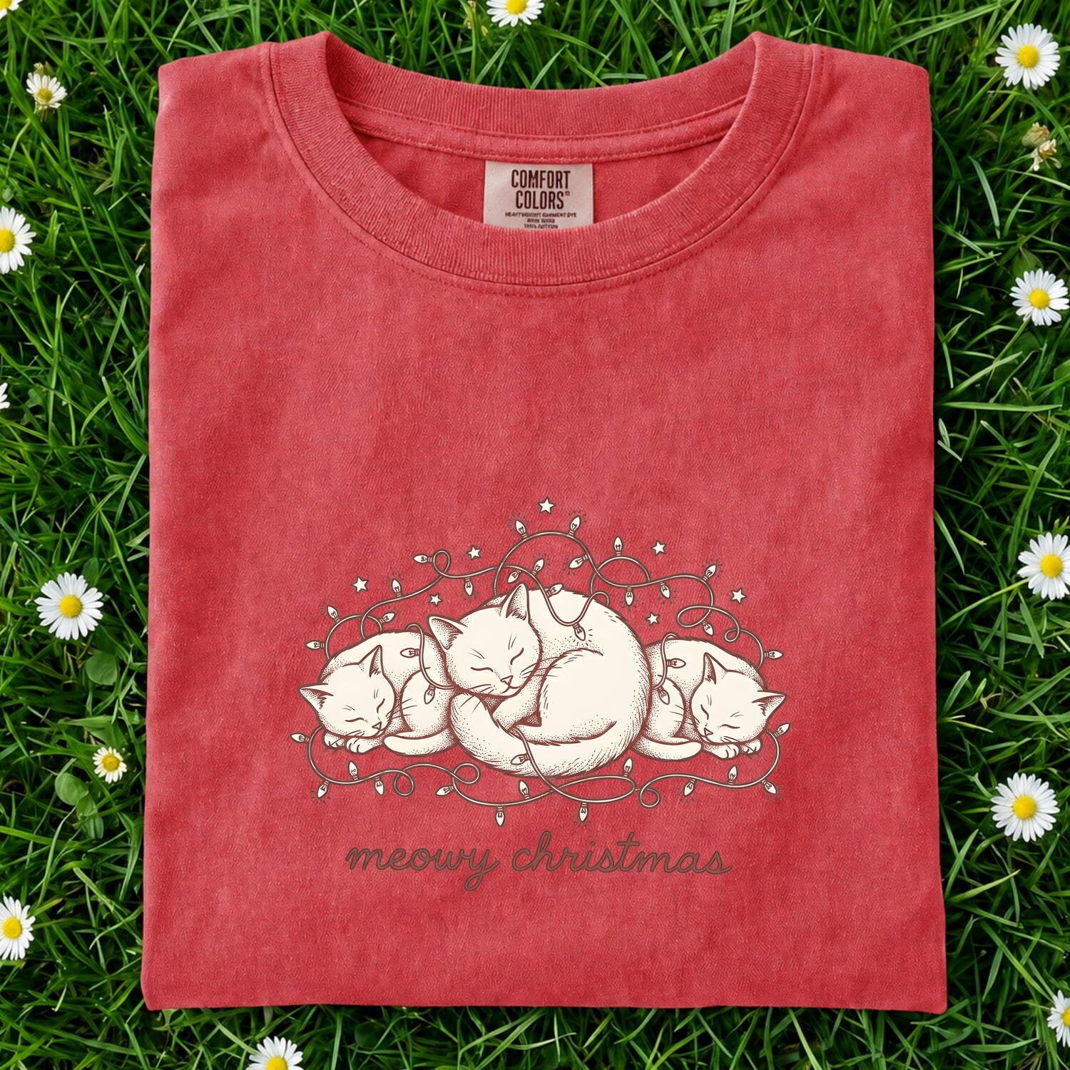 Christmas Cats Shirt for Women – Rustic Line Art Kittens Twinkle Holiday Graphic Tee