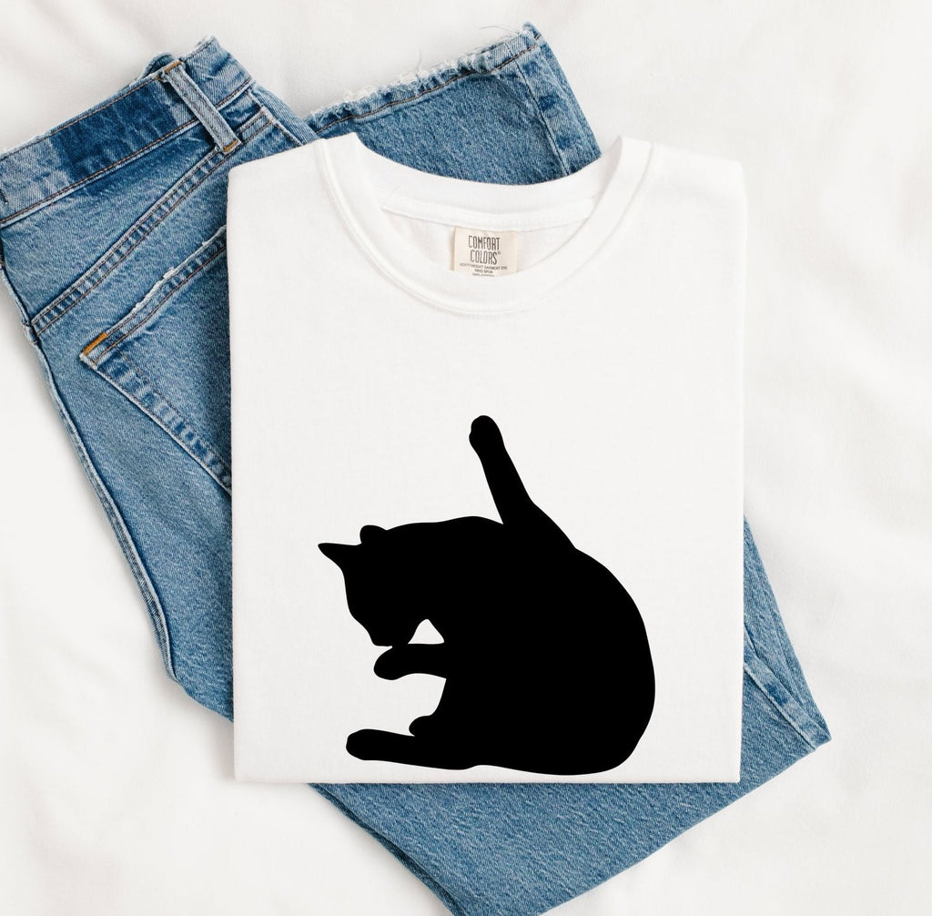 Cat Figure Shirt for Women – Simple Plain Fresh Pet Posture Illustration Feline Graphic Tee