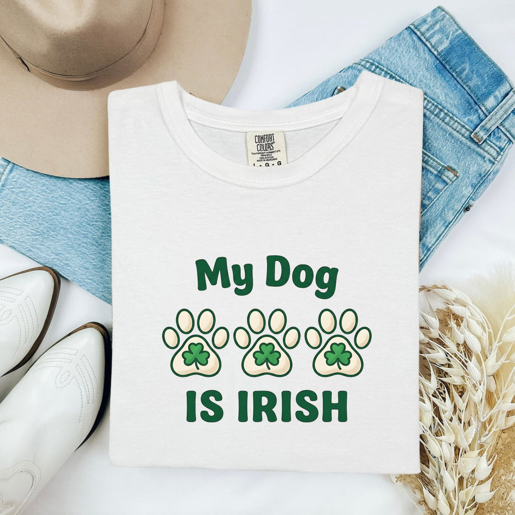 St. Patrick's Day Dog Shirt for Women – Chunky Paw Print Fun Clover Animal Graphic Tee