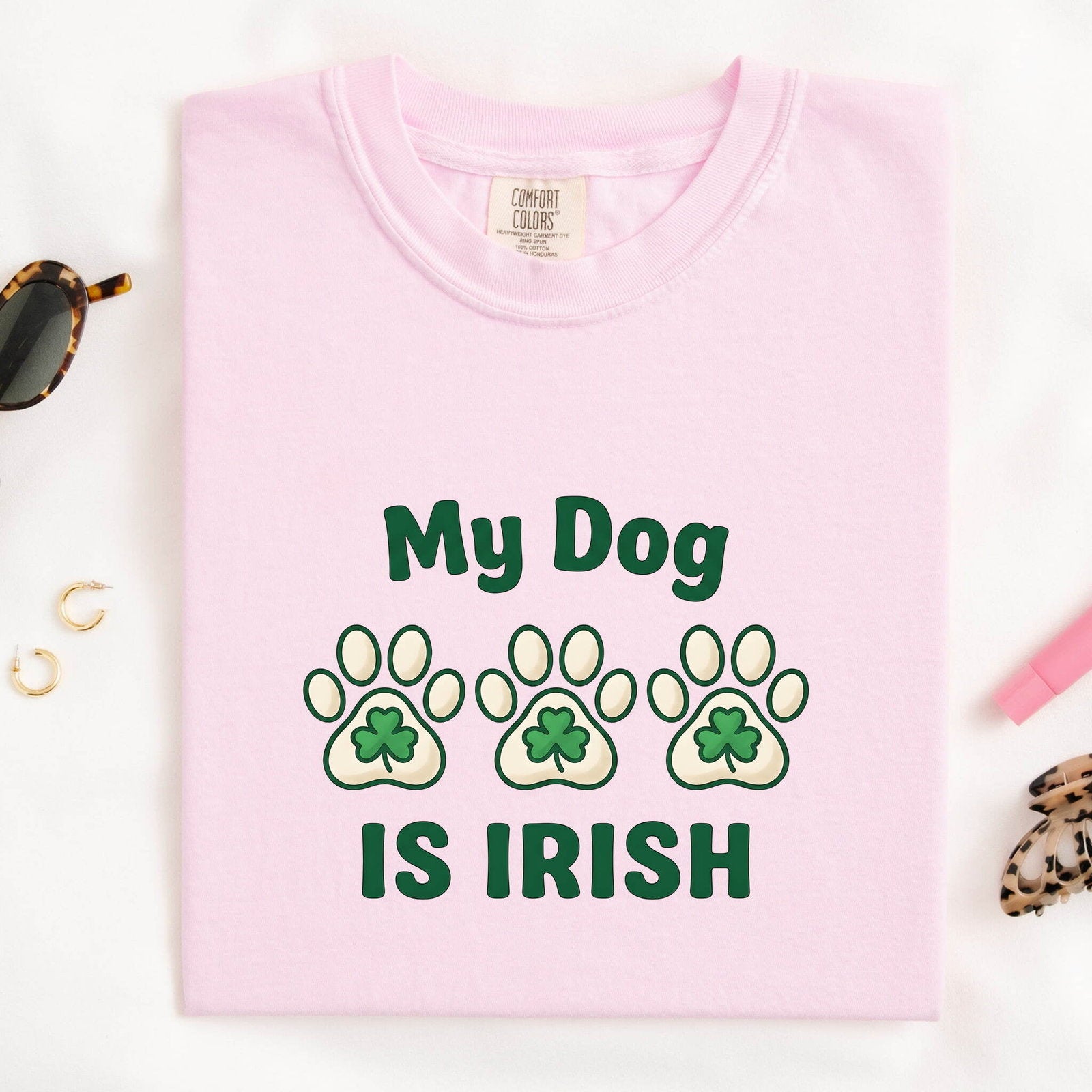 St. Patrick's Day Dog Shirt for Women – Chunky Paw Print Fun Clover Animal Graphic Tee