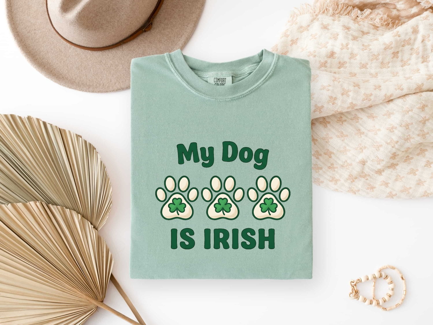 St. Patrick's Day Dog Shirt for Women – Chunky Paw Print Fun Clover Animal Graphic Tee