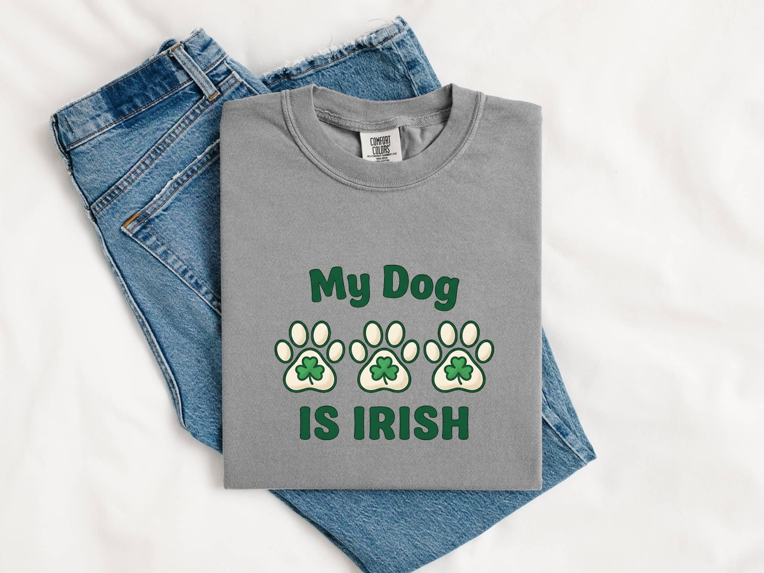 St. Patrick's Day Dog Shirt for Women – Chunky Paw Print Fun Clover Animal Graphic Tee