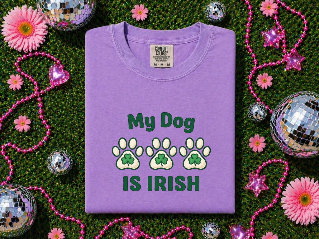 St. Patrick's Day Dog Shirt for Women – Chunky Paw Print Fun Clover Animal Graphic Tee