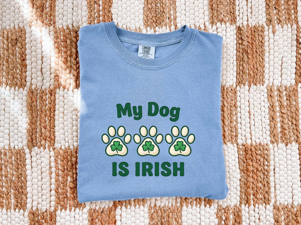 St. Patrick's Day Dog Shirt for Women – Chunky Paw Print Fun Clover Animal Graphic Tee