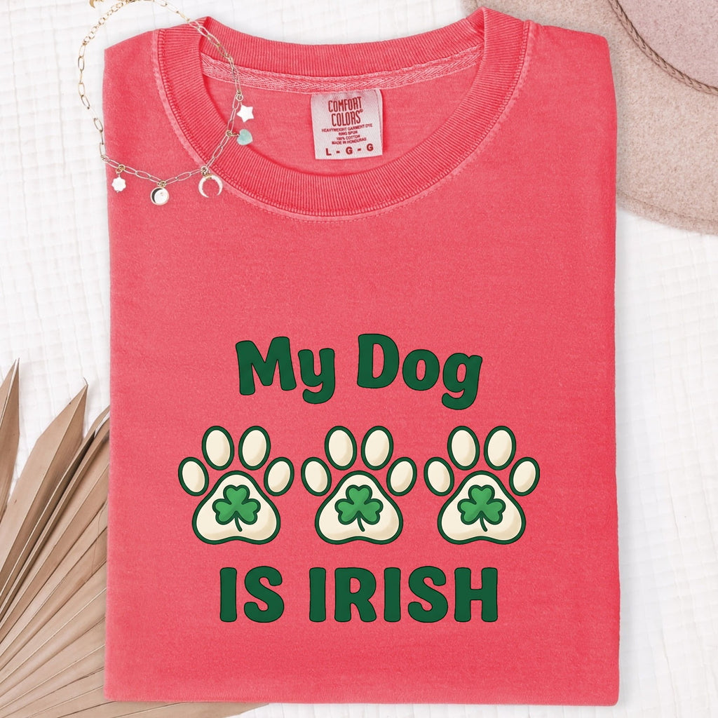 St. Patrick's Day Dog Shirt for Women – Chunky Paw Print Fun Clover Animal Graphic Tee