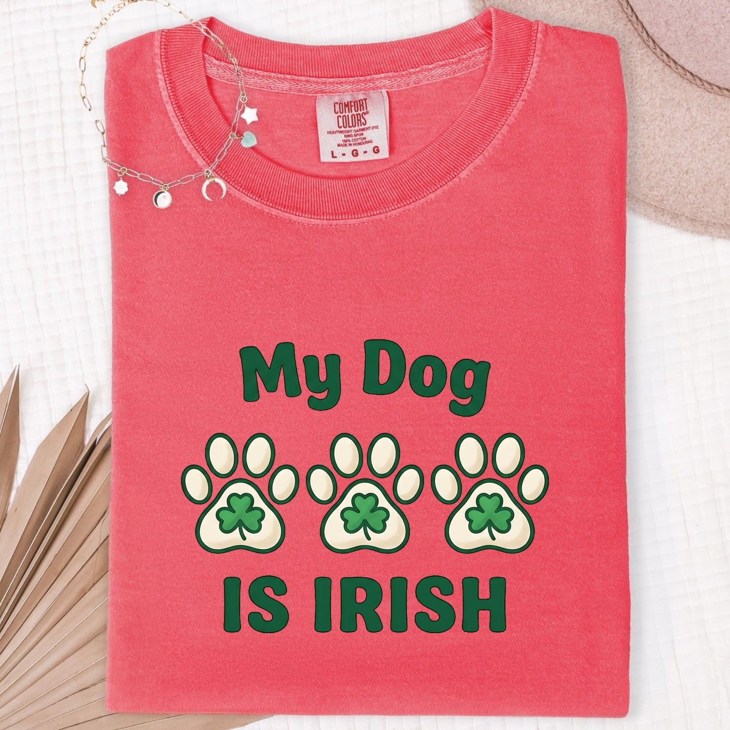 St. Patrick's Day Dog Shirt for Women – Chunky Paw Print Fun Clover Animal Graphic Tee