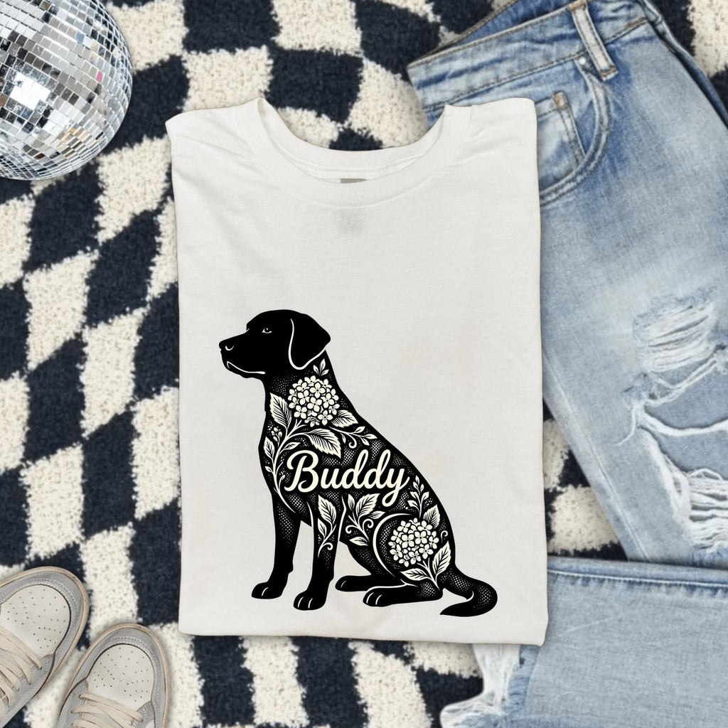 Labrador Retriever Shirt for Women – Botanical Contemporary Floral Hortensia Dog Graphic Tee