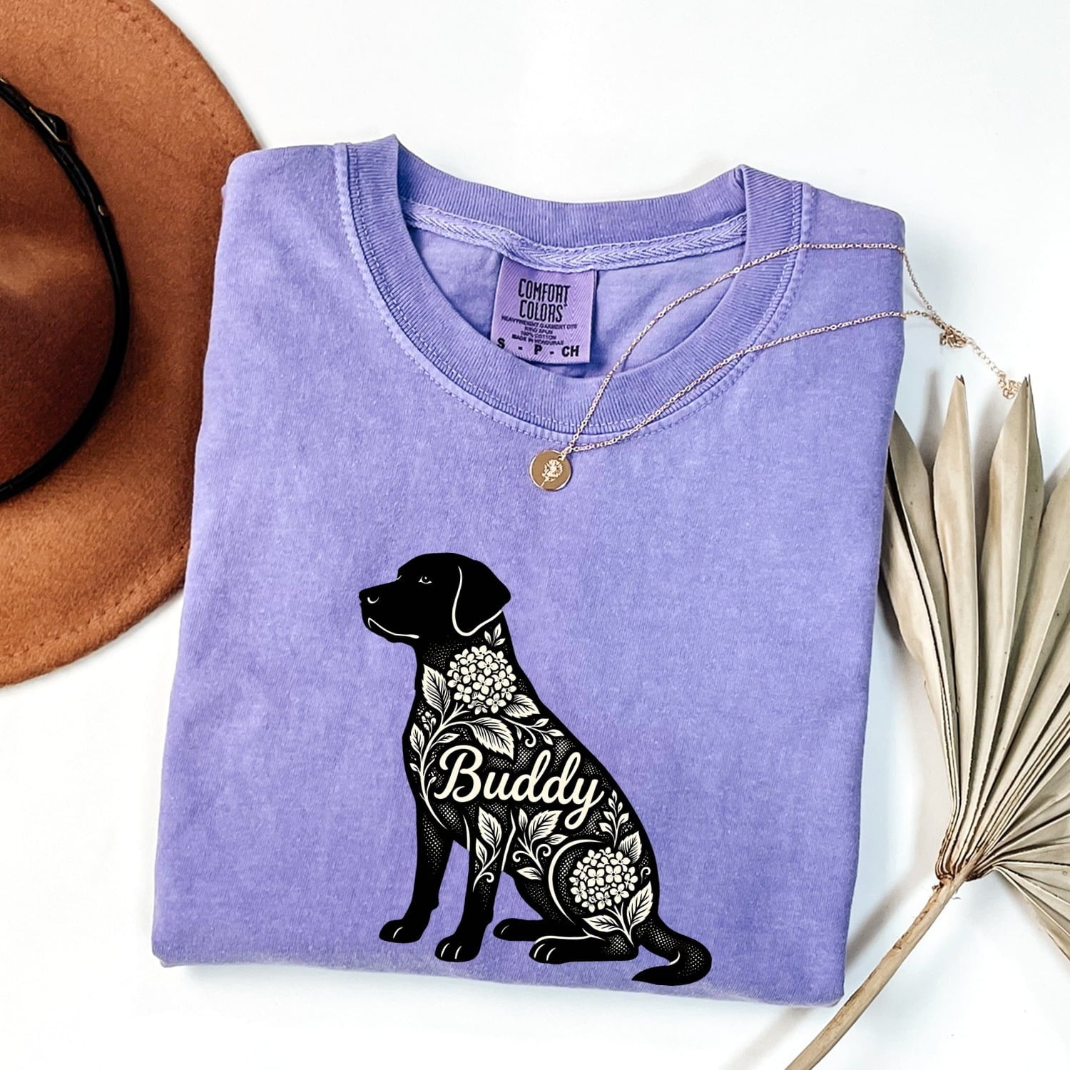 Labrador Retriever Shirt for Women – Botanical Contemporary Floral Hortensia Dog Graphic Tee