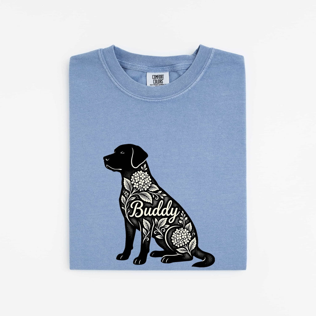 Labrador Retriever Shirt for Women – Botanical Contemporary Floral Hortensia Dog Graphic Tee