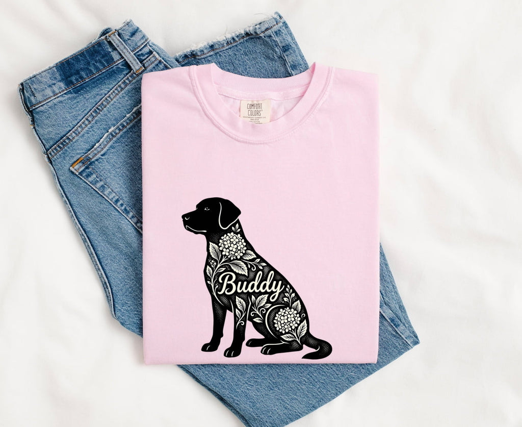 Labrador Retriever Shirt for Women – Botanical Contemporary Floral Hortensia Dog Graphic Tee