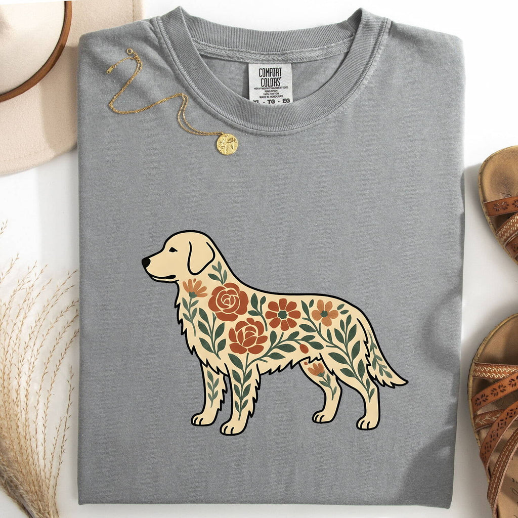Golden Retriever Shirt for Women – Boho Chic Indigenous Blossom Garden Canine Graphic Tee