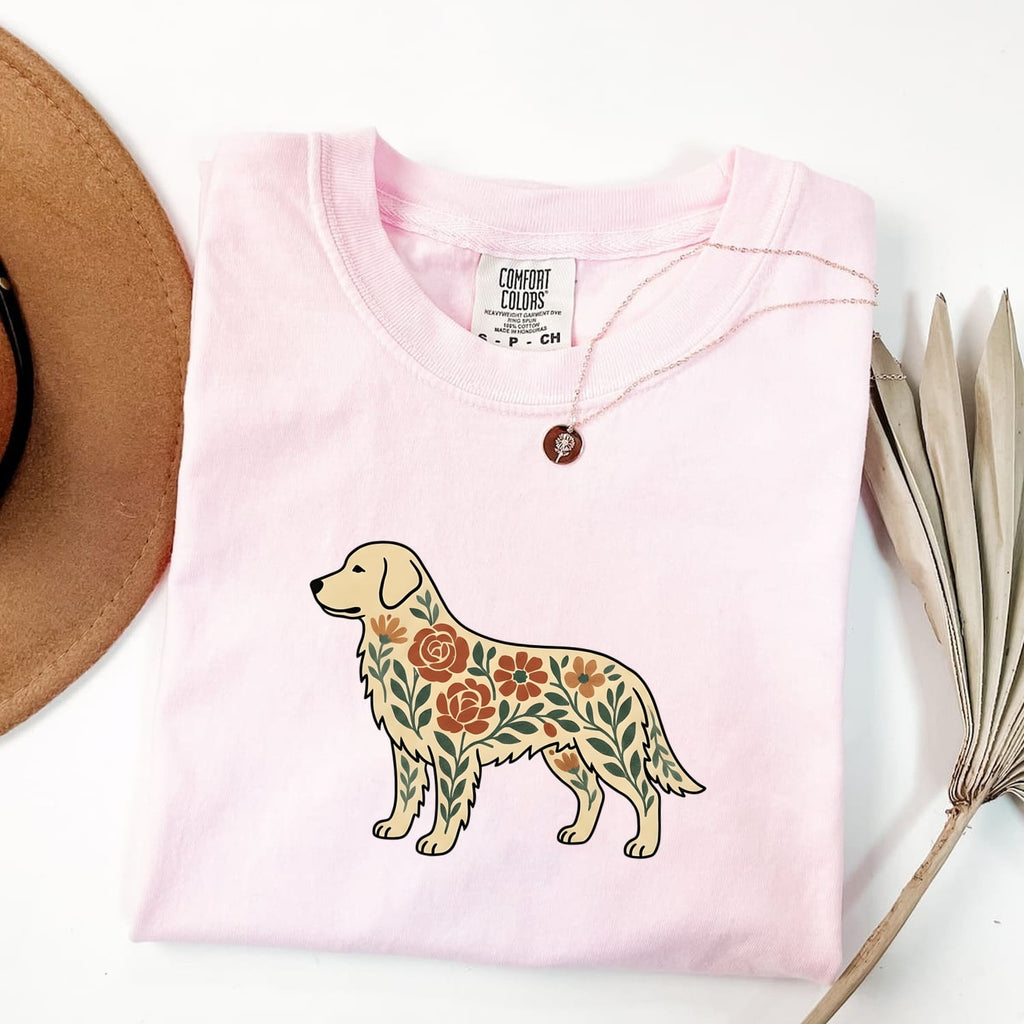 Golden Retriever Shirt for Women – Boho Chic Indigenous Blossom Garden Canine Graphic Tee