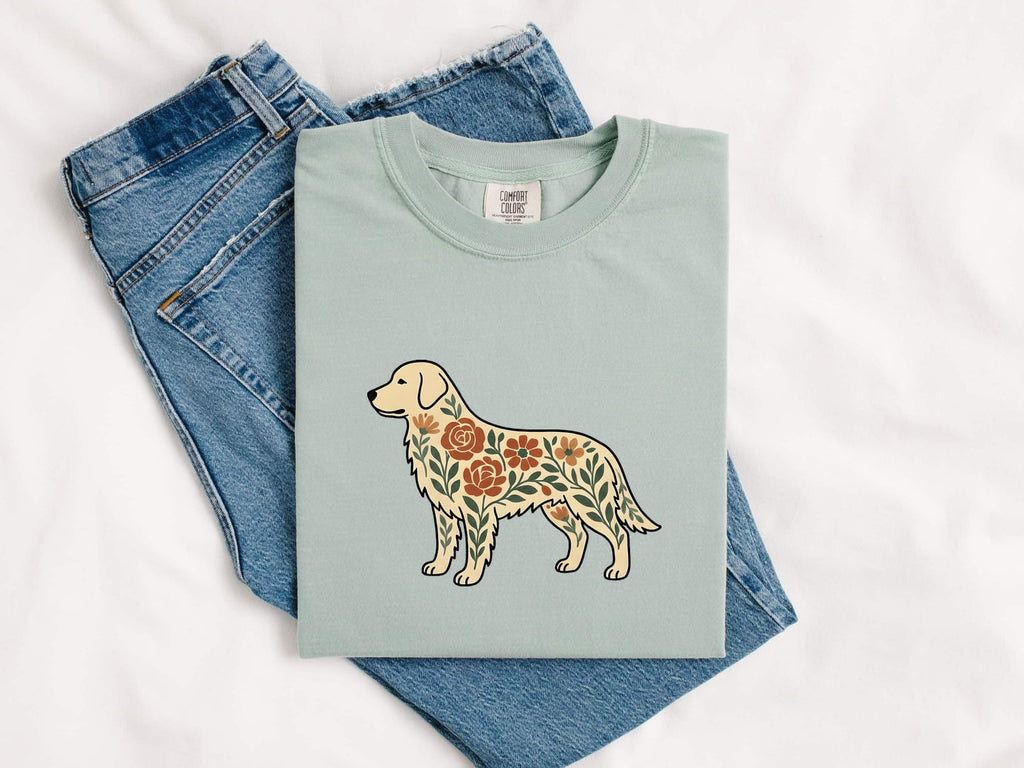Golden Retriever Shirt for Women – Boho Chic Indigenous Blossom Garden Canine Graphic Tee
