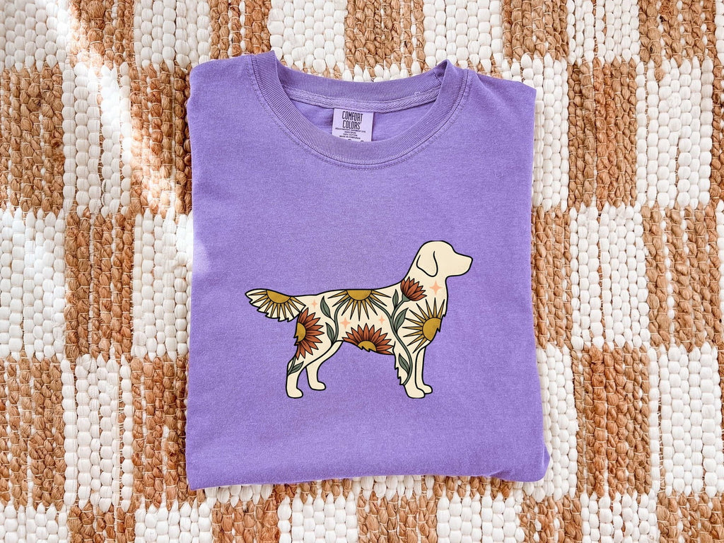 Dog Floral Shirt for Women – Boho Hippie Vintage Sunflower Environmental Puppy Graphic Tee